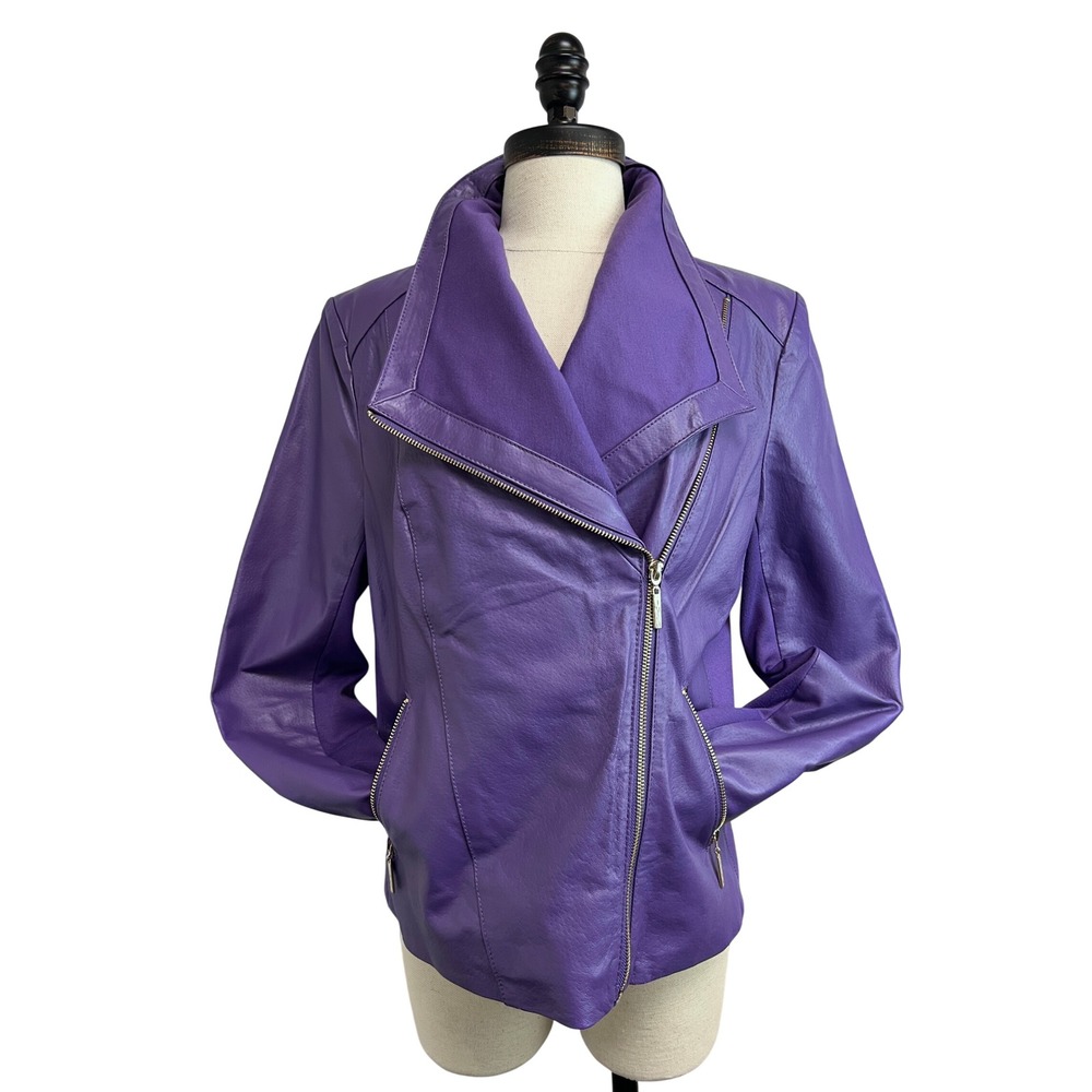IMAN Moto Jacket Womens M Purple Excellent Genuine Leather Asymmetric Zip